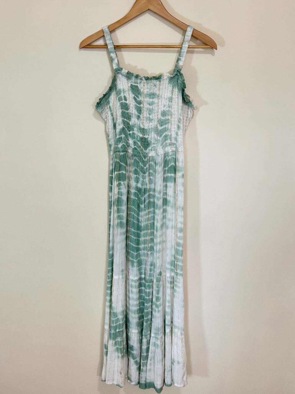 Japna Maxi Sun Dress White and Green with Gold Pinstriping Size S